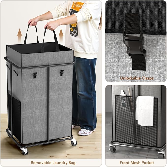 150L Large Laundry Basket with Wheels, Rolling Laundry Hamper with Removable Laundry Bag & Metal Frame, Oxford Fabric Dirty Clothes Hampers for Bedroom, Laundry Room, Bathroom, Dorm(Grey) - Image 5