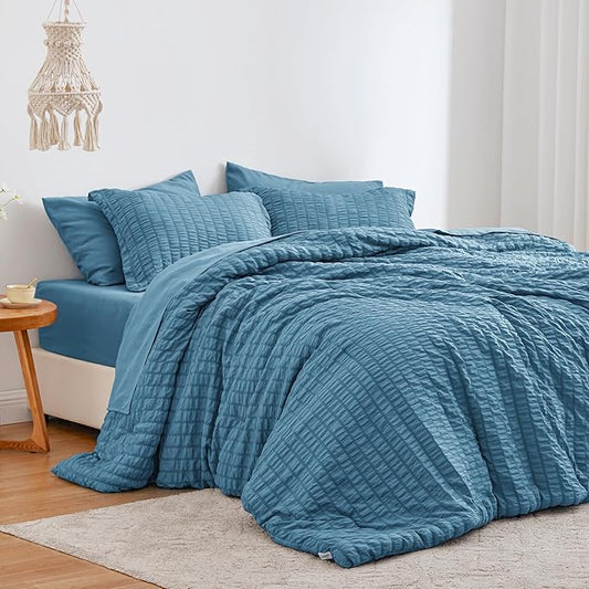Love's cabin Seersucker Misty Blue California King Comforter Set, 7-Piece All Season Lightweight Bed in a Bag Bedding Set with Comforter, Flat Sheet, Fitted Sheet, Pillowcases and Shams | Soft, Breathable, Lightweight