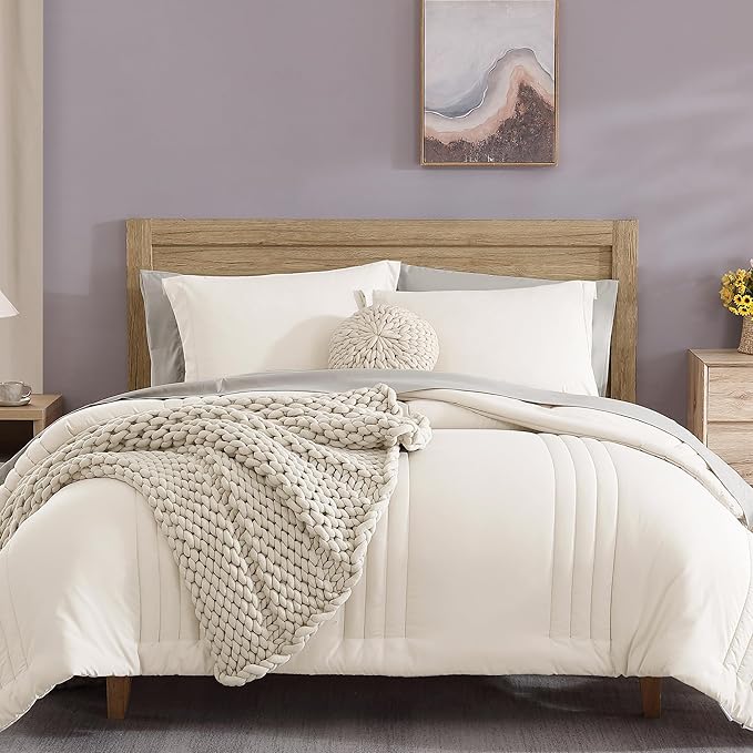 Monbix California King Size Comforter Set - 7 Pieces Bed in a Bag California King, White Bedding Sets with Comforter, All Seasons Comforter Bed Set with Sheets, Pillowcases & Shams