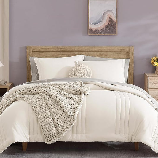 Monbix California King Size Comforter Set - 7 Pieces Bed in a Bag California King, White Bedding Sets with Comforter, All Seasons Comforter Bed Set with Sheets, Pillowcases & Shams