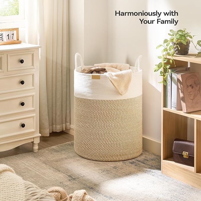 Nunsino Laundry Hamper 95L,Large Laundry Basket for Clothes,Decorative Storage Basket for Blankets,Cotton Rope Woven basket for bedroom,Brown White - Image 2