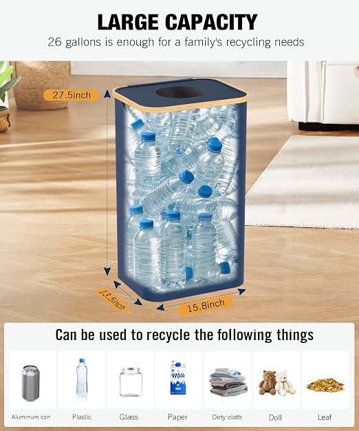 Recycling Bins for Kitchen, 26 Gallon (100L) Recycle Bin with lid, Indoor Oxford Fabric Recycling Trash Can with 2 Pack Removeable and Reusable Inner Bags for Bottle Can Glass Plastic Sticker, Blue - Image 4