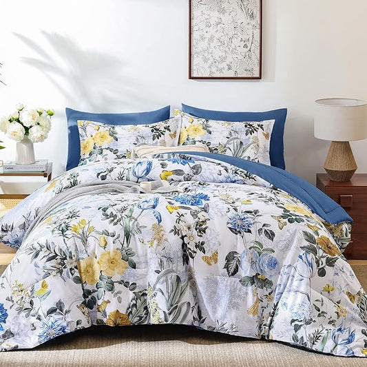 WONGS BEDDING Blue Comforter Set King, 7 Pieces Bed in a Bag Botanical Floral Comforter Bedding Set, Soft Microfiber Comforter with Flat Sheet, Fitted Sheet, Pillow Shams, Pillowcases