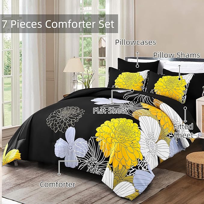 Yiran Bed in a Bag Queen Yellow Black Comforter Set 7 Pieces Soft Microfiber Floral Boho Bedding Set with 1 Comforter 1 Flat Sheet 1 Fitted Sheet 2 Pillowshams 2 Pillowcases