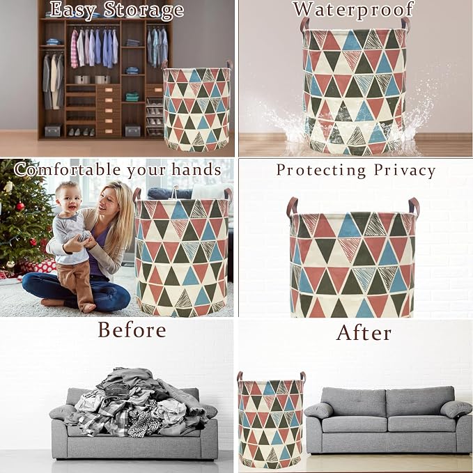 Waterproof Laundry Hamper Collapsible Laundry Basket Leather Handle Laundry Bag Large Clothes Storage Toy Organization for Bathroom Bedroom Laundryroom College Dorms (Caisanjiao-002) - Image 3