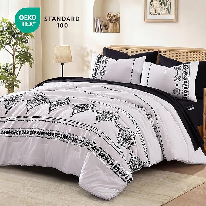 MaiRêve Queen Size Comforter Set Frost White, Embroidery Floral Western Boho Bedding Set, All Season 7 Pieces Bed in a Bag with Sheets, Pillowcases & Shams