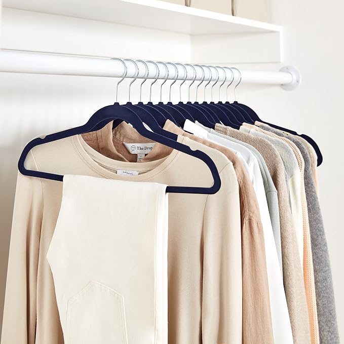 Amazon Basics Slim Velvet Non-Slip Space Saving Suit Clothes Hangers for Closet Organization, Navy Blue/Silver, 50-Pack - Image 6