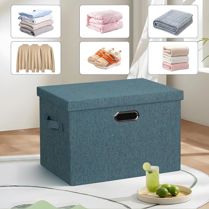Graciadeco Large 17" 36 Quart Collapsible Stackable Storage Bins with Lids, 3 Packs Blue-Green Linen Fabric Closet Boxes with Lids, Storage Cube Baskets Container Organizers for Bedroom (17x12x11) - Image 6