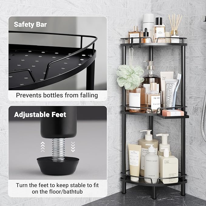 ELYKEN Corner Shower Caddy Standing, 3 Tier Rustproof Metal Shower Organizer with Soap Holder, Floor Shower Corner Shelf Rack Storage Stands with Adjustable Feet & 2 Hooks for Bathroom, Black - Image 5