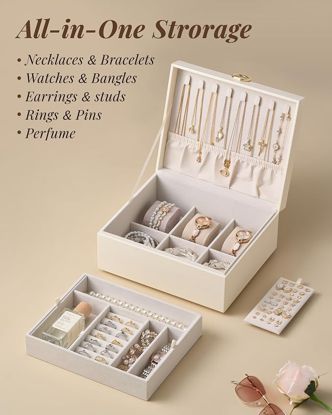 pickpiff 2 Layer Jewelry Box Organizer for Women, Jewelry Organizer with Handle & Removable Tray, Necklace Holder Ring Earring Storage, Velvet Lined Jewelry Case for Home or Travel, Gift Ready, Beige - Image 5