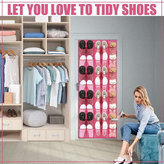 Windyun 40 Over the Door Shoe Organizer Large Mesh Pocket Hanging Shoe Rack for Closet Rose Red Nonslip Behind Door Storage Holder Back to School Organizer for Dorm Room College Classroom Storage - Image 4