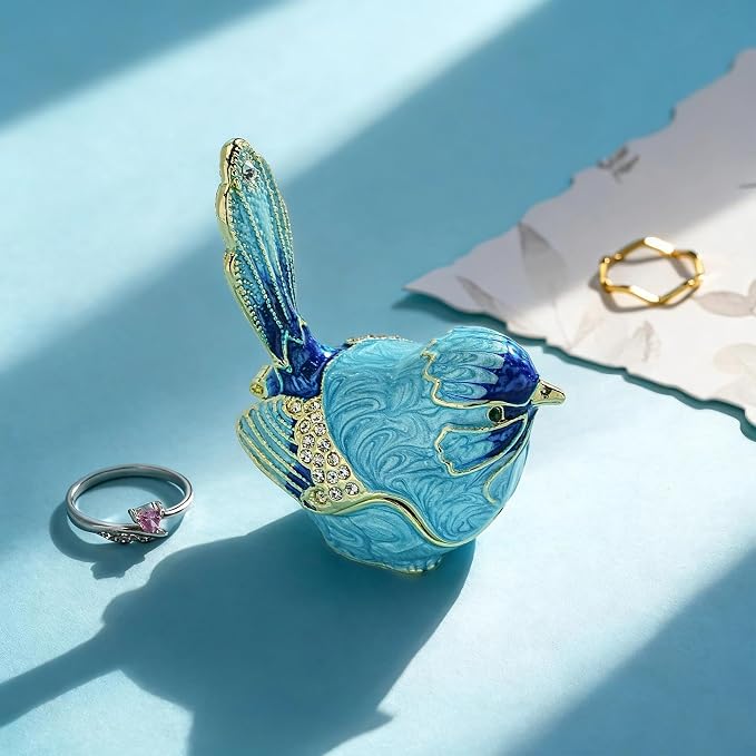 YU FENG Enamel Bird Trinket Box Jewelry Organizer, Hand Painted Decorative Hinged Keepsake Box – Blue Bird - Image 7