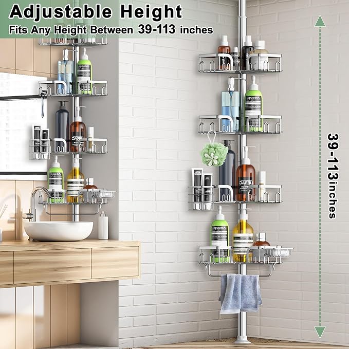 Corner Shower Caddy Tension Pole 4 Tier Adjustable Stainless Steel Shower Shelf for Inside Shower Bathtub Shampoo,Standing Bathroom Organizer Shelves with 39 to 113 inch Height - Image 4