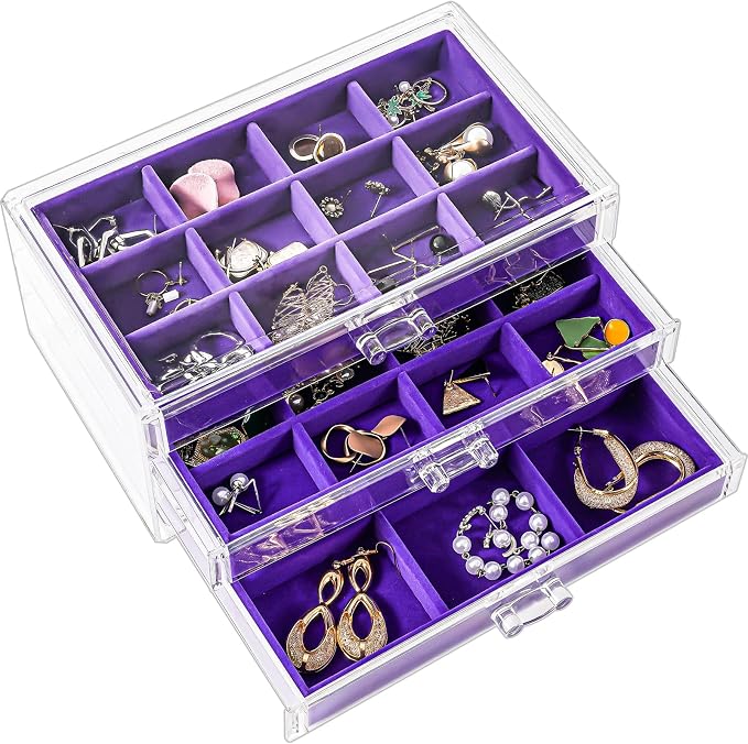 ProCase Earring Holder Organizer Jewelry Box with 3 Drawers, Acrylic Clear Earring Case with Adjustable Velvet Trays for Women - Purple, 3 Layers by ProCase