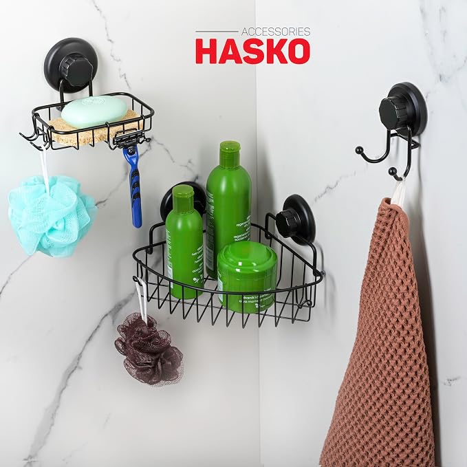 HASKO accessories Corner Shower Caddy with Suction Cup Shower Shelf with Hooks, Stainless Steel Bathroom Caddy, Wall Mounted Shower Basket for Bathroom, Adhesive 3M Stick Discs Included (Black) - Image 4