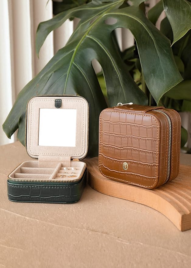 S.Leaf Travel Jewelry Organizer Boxes for Women Small Portable Necklace Earrings Bracelet Rings Travel Case Best Friend Birthday Gifts for Women Trendy (12_Pattern_Crocodile_Brown_01) - Image 5