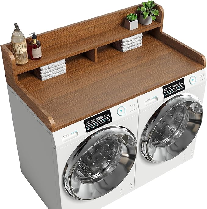 2-Tier Washer Dryer Countertop with 2.75"H Edge Rails, 54" W x 27.55" D Laundry Countertop for Folding Clothes, Washer and Dryer Topper with Non-Slip Pad (Brown) by Corbyles