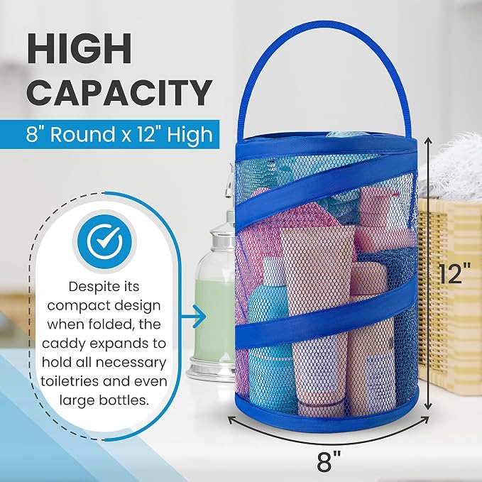 Handy Laundry Foldable Shower Caddy - Collapsible, Portable, Drainage Hole, Carry Handle, Large Compartments. Great Organizer for Camp, Travel, Gym, and Dorm (Blue) - Image 3