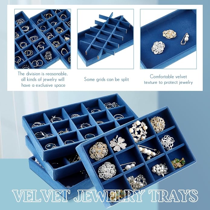 Junkin 12 Pcs Jewelry Tray Velvet Stackable Jewelry Organizer Trays Divided Earring Accessories Storage Containers Box (Rose Red) - Image 4