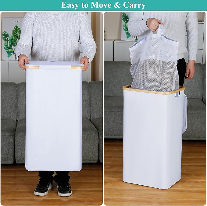 iEGrow 110L Laundry Hamper with Lid，Dirty Clothes Hampers for Laundry,Laundry Basket with Bamboo Handles and Removable Bag,Hamper for Bedroom, Bathroom, Dorm, Laundry Room, White - Image 2