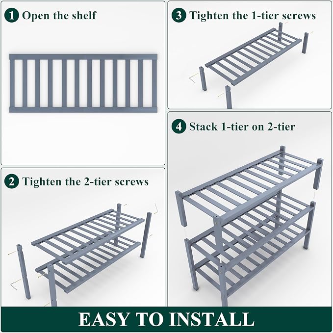 Smiry Shoe Rack, 3 Tier Thick Bamboo Shoe Organizer, Stackable Free Standing Wooden Shoe Storage Shelf for Closet, Entryway, Front Door Entrance, Grey - Image 5