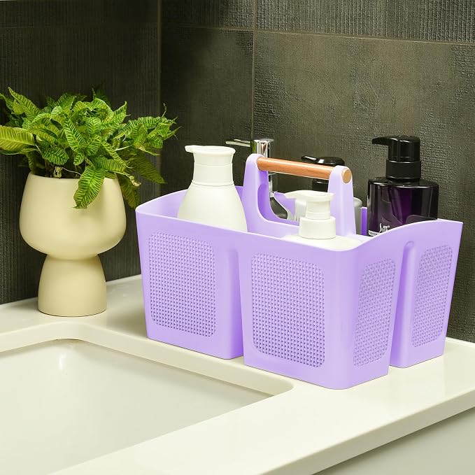 ALINK Portable Shower Caddy Basket with Compartments, Plastic Divided Cleaning Caddy Organizer Storage Tote with Handle for Bathroom, College, Dorm Room Essentials - Purple - Image 3