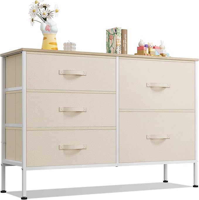 WLIVE Dresser for Bedroom with 5 Drawers, Wide Chest of Drawers for Bedroom, Fabric Dresser for Living Room, Closet, Hallway, Cream White