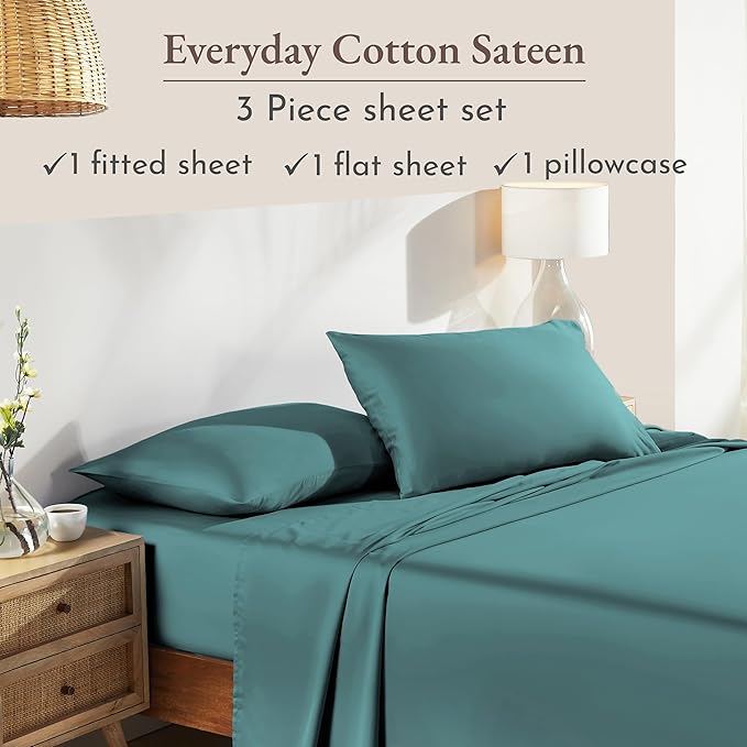 California Design Den Natural 100% Cotton Bed Sheets Twin Size Set - Soft Sateen Twin Sheets with 12" Pockets, Breathable and Durable Bedding Set for Dorm Rooms, College Teal (Deep Tone)