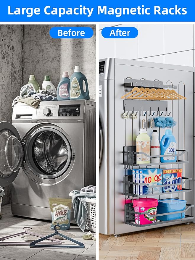 Multifunctional Magnetic Shelf for Washing Machine, Refrigerator, Microwave, and Any Metal Surface, Powerful Magnetic Shelves Include Magnetic Paper Towel Holder, Unique Hollow Design (5 pcs - Grey) - Image 3