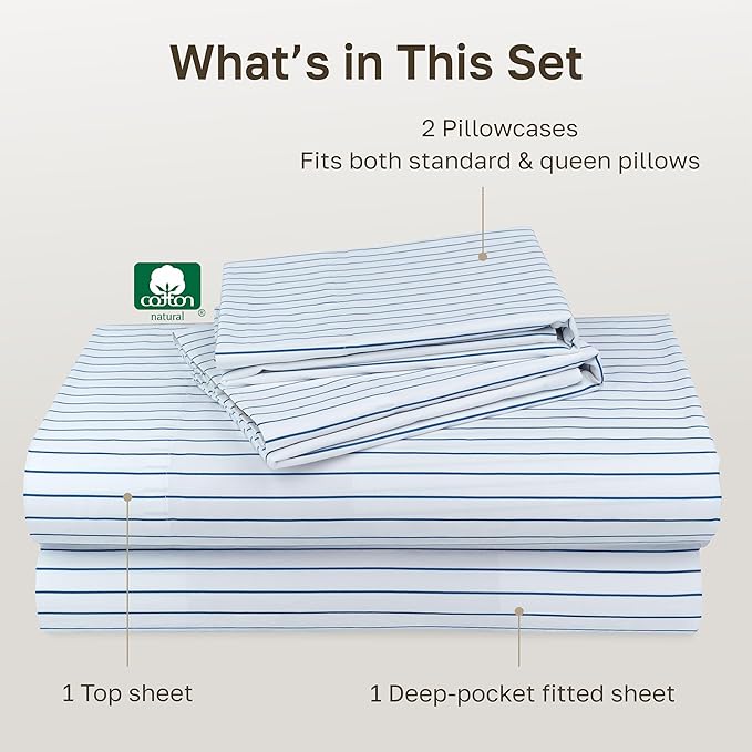 California Design Den Printed Striped Bed Sheets Full Size Set - 600 Thread Count, 100% Cotton Sateen, Premium Deep Pocket Full Sheet Set - Classic Blue Stripe Print