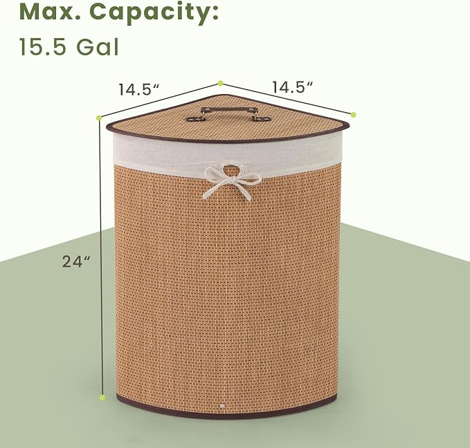 GOFLAME Corner Bamboo Laundry Hamper with Lid and Removable Liner, Washing Clothes Basket Storage Bin with Handle, Suitable for Bedroom, Bathroom, Laundry, Bamboo - Image 7