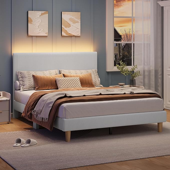 Bestier Queen Size Bed Frame with Headboard, LED Lighting, Vertical Channel Tufted Corduroy Upholstered, Solid Wooden Slat Support, No Box Spring Needed, Never Squeak, Easy Assembly, Light Grey