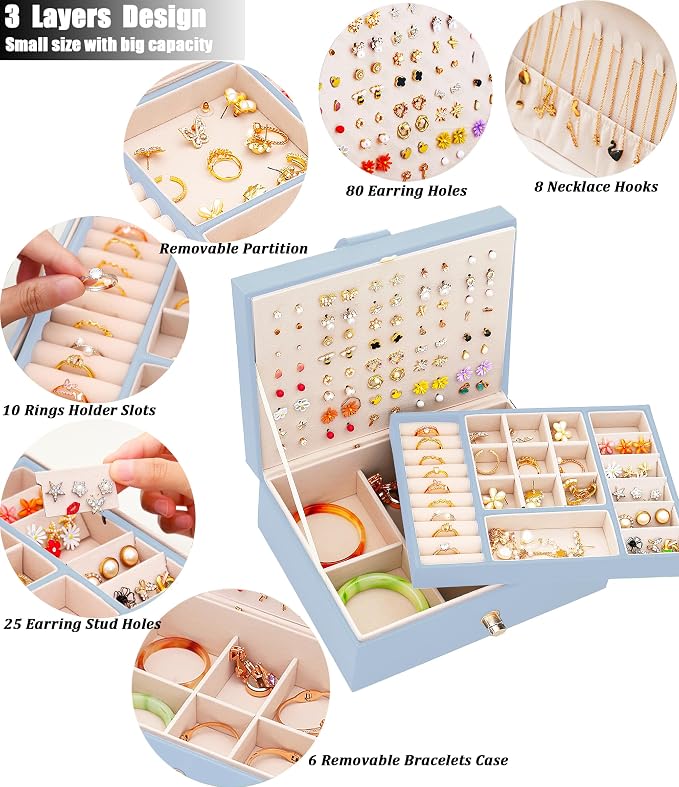 QBestry Girls Jewelry Box Earring Holder Organizer for Girls Jewelry Organizer Box Stud Earrings Organizer for Girls Womens Blue Jewelry Box for Earrings and Necklaces Rings Stud Earrings Box for Teen - Image 4