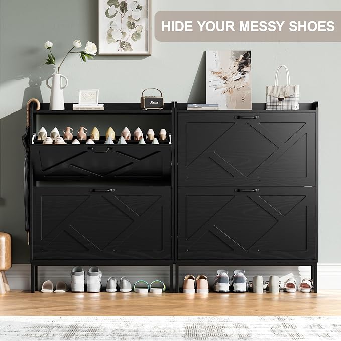 Nicetree Shoe Storage Cabinet with 2 Flip Drawers, Freestanding Shoe Organizer, Shoe Cabinet with Metal Legs, Farmhouse Slim Shoe Cabinet for Entryway, Foyer, Hallway, Black - Image 3