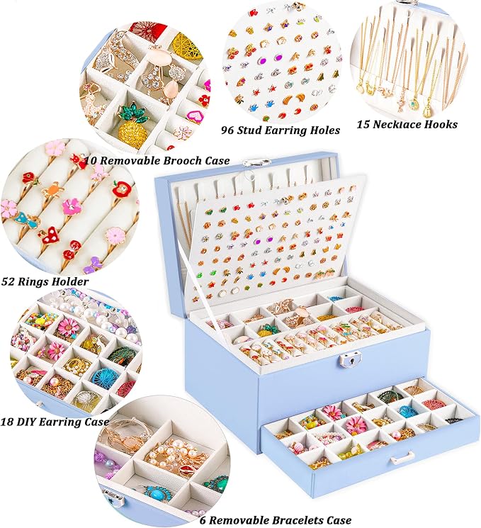 QBestry Earrings Jewelry Box for Girls, 5 Layers Jewelry Organizer with Earring Holder Organizer for Girls Earring Organizer Jewelry Boxes for Women Earrings and Necklaces Jewelry Box Organizer Blue - Image 2