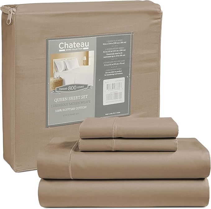 Deep Pocket Queen Sheets set, 100% Cotton Sheets Queen Size set, 800 Thread Count Soft & Durable 4 Piece Sheet & Pillowcase Sets, Sateen Weave Hotel Sheet 15" Deep, No Pill Machine Wash - Taupe