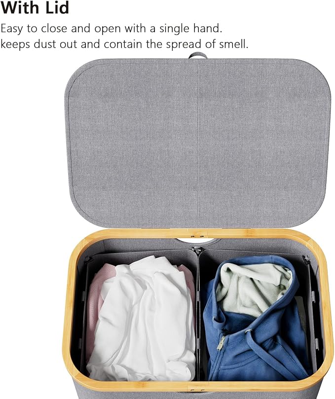 SpaceAid Double Laundry Hamper 2 Section with Lid and Removable Laundry Bags, 160L Clothes Basket with Bamboo Handles, Large Collapsible Hamper for Bedroom, Bathroom, Dorm, Laundry Room - Grey - Image 3