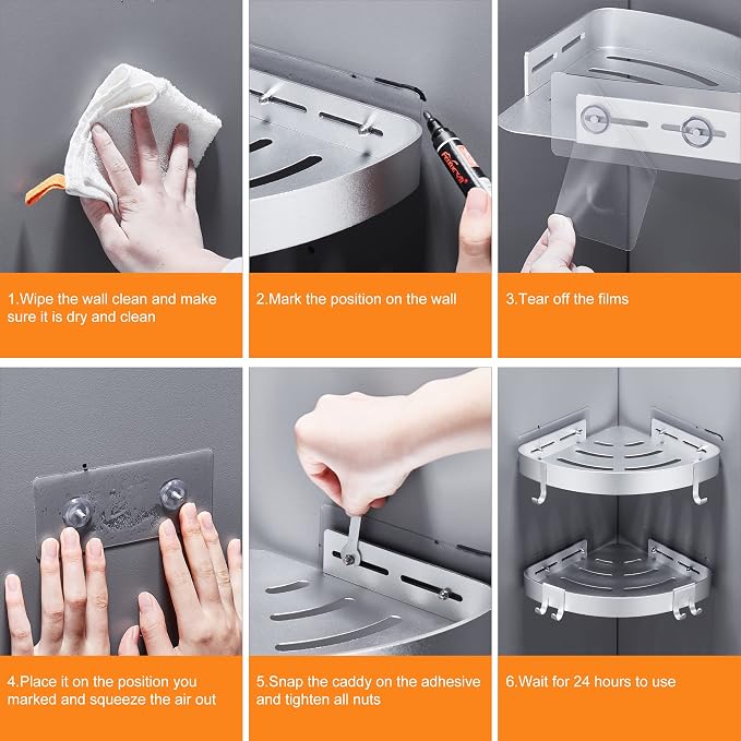 DUFU Adhesive Corner Shower Caddy with Hooks,Bathroom Shower Organizer, No Drilling Rust Proof Aluminum Shower Shelf for Inside Shower 2 Pack (Silver) - Image 6