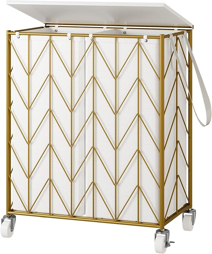 WOWLIVE Laundry Basket with Wheels, Heavy Duty Laundry Hamper with Wood Lid, Clothes Hamper with Divided Removable Liner Bag, Large Capacity Iron-Made Laundry Sorter Laundry Room Organization (Golden) by WOWLIVE
