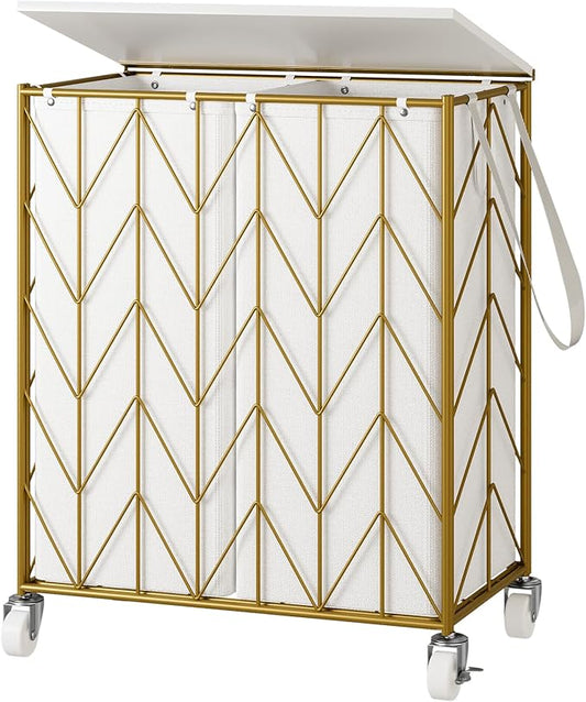 WOWLIVE Laundry Basket with Wheels, Heavy Duty Laundry Hamper with Wood Lid, Clothes Hamper with Divided Removable Liner Bag, Large Capacity Iron-Made Laundry Sorter Laundry Room Organization (Golden) by WOWLIVE