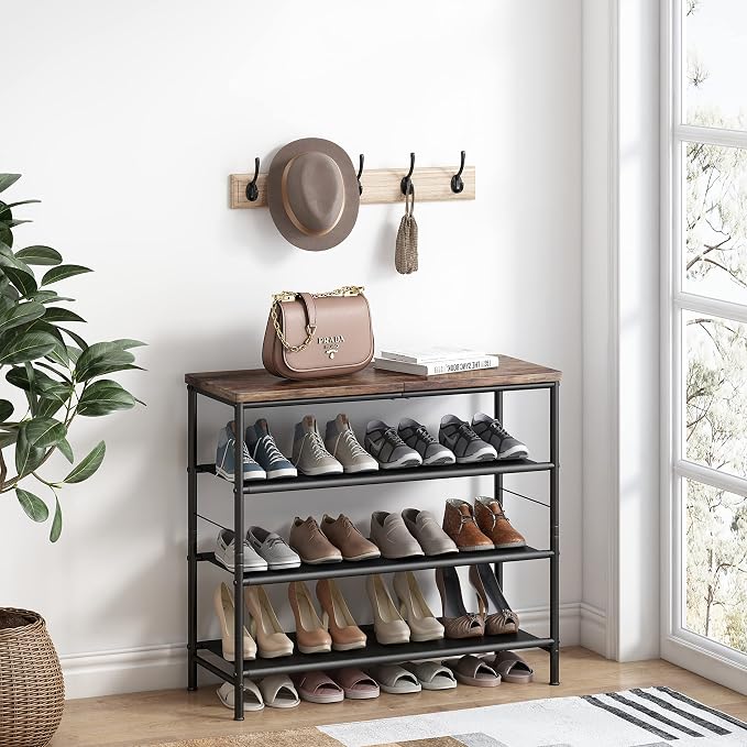 INGIORDAR Shoe Rack Organizer 4 Tier Metal Organizer Shelf with Industrial MDF Board and Layer Fabric for Entryway Closet Bedroom Living Room Garage,Black & Rustic Brown (Black+Rustic Brown, 4 Tier) - Image 4