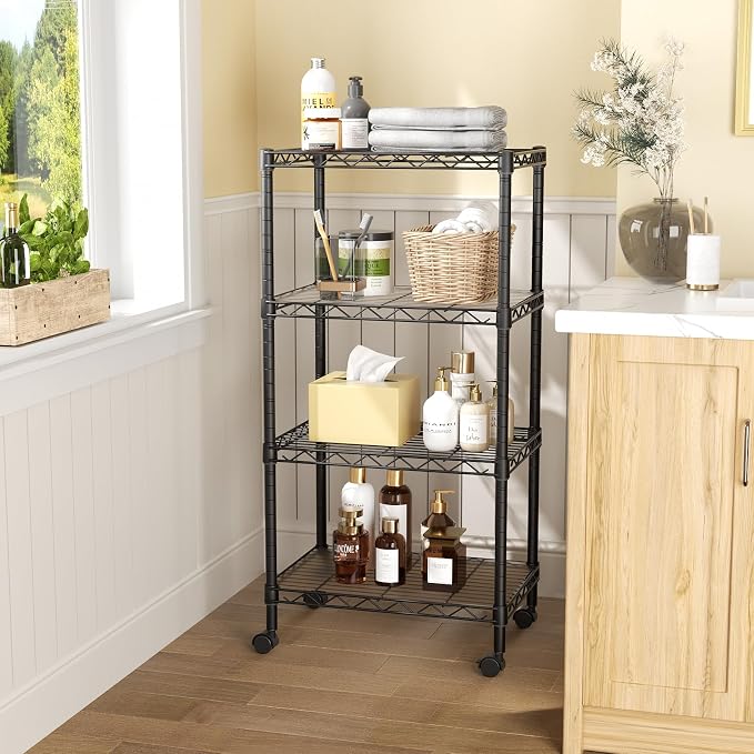 SINGAYE 4 Small Shelves Storage Shelf Wire Shelving Unit Metal Shelf Adjustable Organizers Storage Shelving with Wheels for Bathroom Laundry Room Kitchen Pantry11.5”D x 17.5”W x 30.5”H Black - Image 6