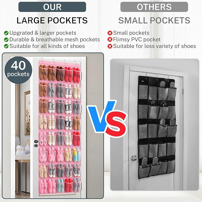 40-Pocket Over the Door Shoe Organizer - Large Mesh Pocket Hanging Shoe Organizer,Behind the Door Shoes Storage Holder Hanger (Pink) - Image 2