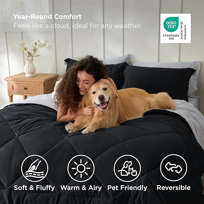 Bedsure Queen Comforter Set - 7 Pieces Reversible Black Bedding, Queen Size Bed Set for All Seasons, Bed in a Bag with Down Alternative Comforter, Sheets, Pillowcases & Shams