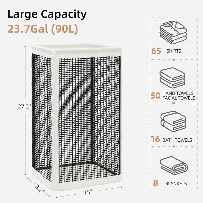 STORAGE MANIAC Mesh Laundry Hamper, 23.7 Gal. Tall Laundry Basket for Airflow, Strong Metal Dirty Clothes Hamper for College Dorm, Bedroom, Bathroom, Clothes Bin, White & Black - Image 4