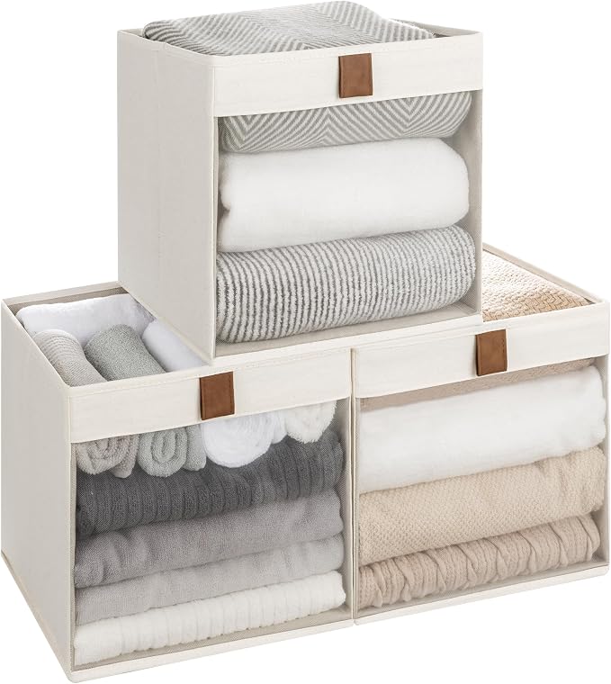 StorageWorks 11x11 Storage Cubes, Closet Storage Bins with Clear Window, Fabric Organizer for Clothes, Collapsible Storage Baskets with PU Handles, Beige, 3-Pack by StorageWorks