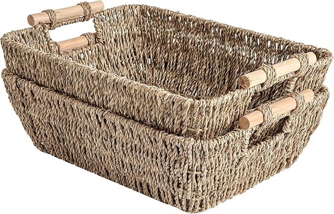 StorageWorks Hand-Woven Large Storage Baskets with Wooden Handles, Seagrass Wicker Baskets for Organizing, 2-Pack by StorageWorks