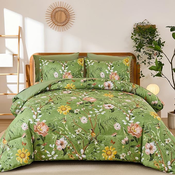 Yiran Sage Green Hibiscus Floral Comforter Set Queen Size, 7 Piece Bird Flowers Botanical Comforter Bedding Set, Vintage Bed in a Bag, Soft Microfiber Complete Bedding Set with Sheets for All Season
