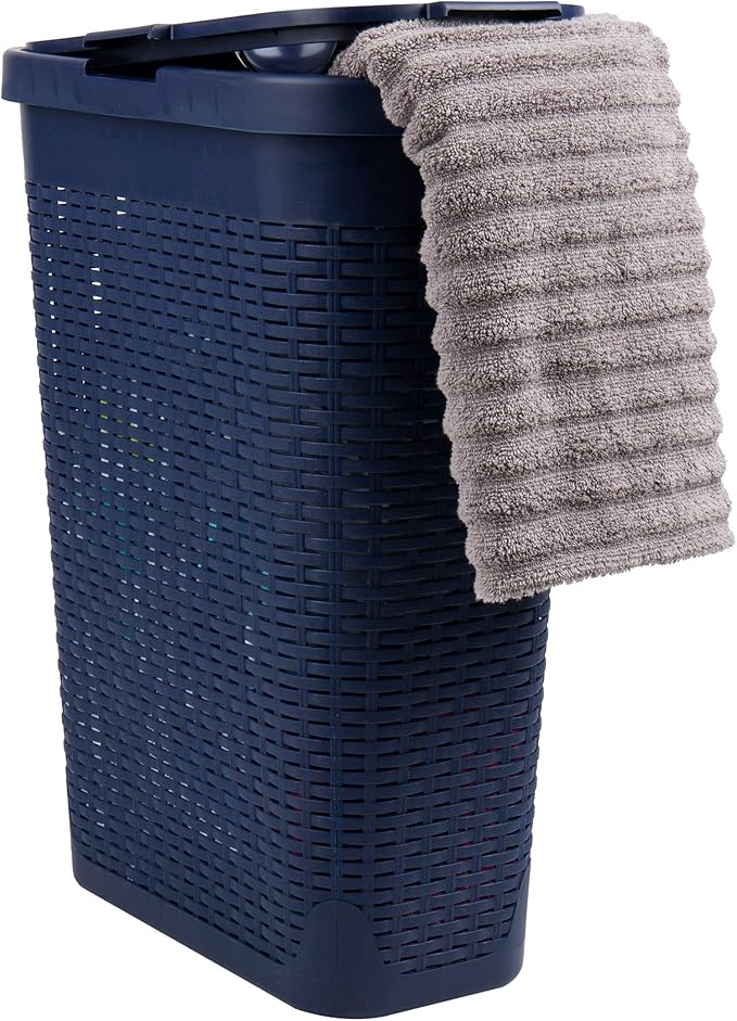 Mind Reader Slim Laundry Hamper with Lid, 40L Clothes Basket, Narrow Tapered Design with Ventilated Cutout Pattern, Plastic, Navy by MindReader