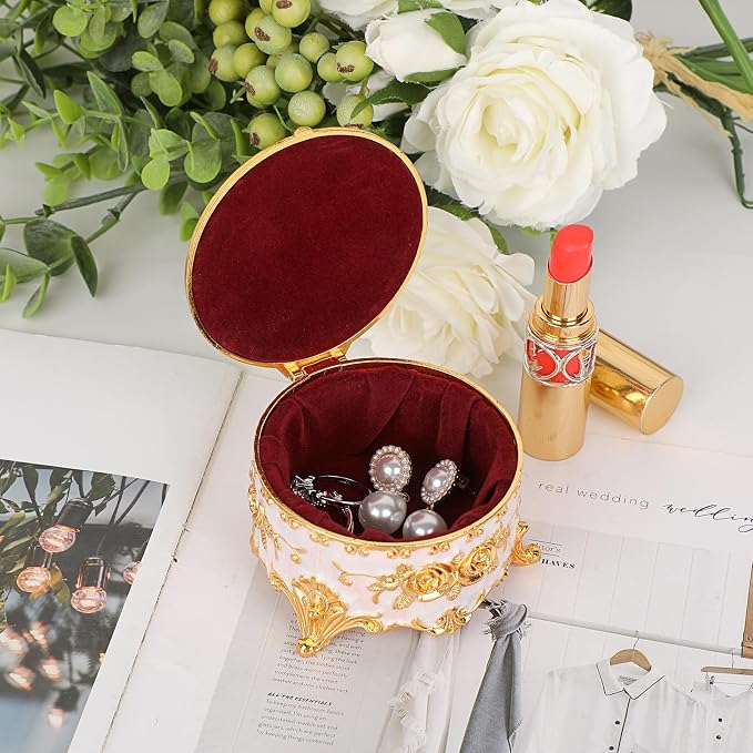 Hipiwe Vintage Round Jewelry Box Small Trinket Storage Organizer Box Gold Metal Chest Ring Case Treasure Box Keepsake Box Earrings Necklace Storage Box Gift for Women, Small - Image 4